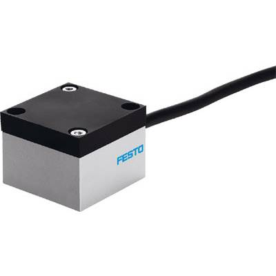 Sensore cubico con cavo e il logo 'Festo' sul lato. Colori principali nero e argento.
