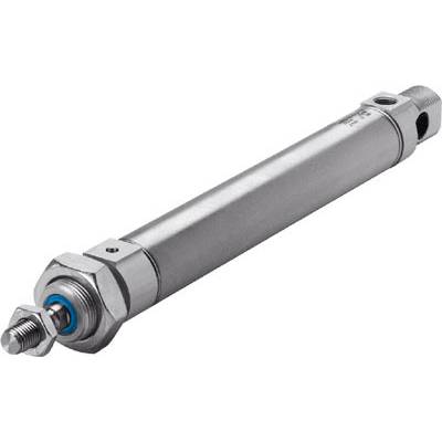 Un cilindro pneumatico in argento con elementi di fissaggio alle estremità e un anello di tenuta blu.