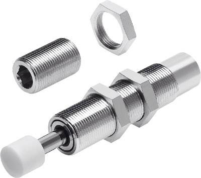 Un ammortizzatore metallico con meccanismo a molla in forma cilindrica, composto da tre parti, per l'assorbimento degli urti in applicazioni meccaniche.