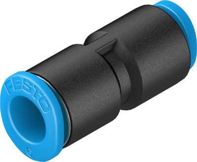 Connettore pneumatico nero con estremità blu, presumibilmente per sistemi di tubazioni.