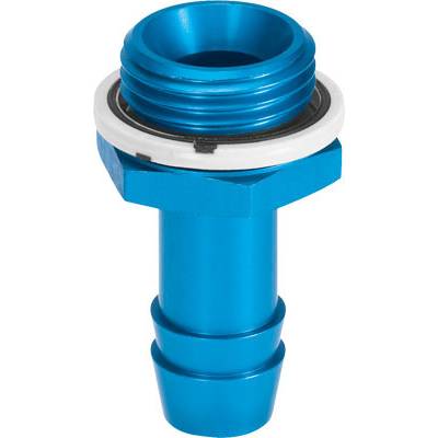 Un raccordo metallico blu filettato con guarnizione, utilizzato per sistemi idraulici o pneumatici.
