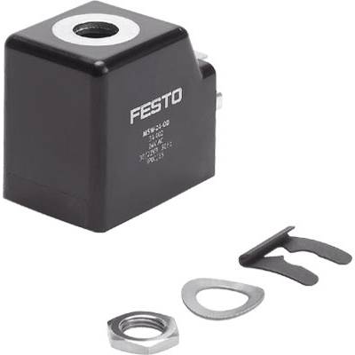 Valvola elettrica Festo nera con accessori: dado metallico, anello di tenuta e clip metallica.