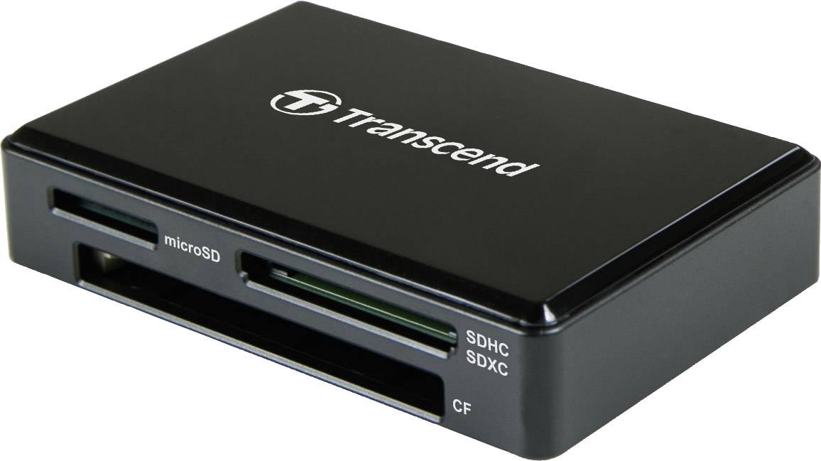 Lettore di schede esterno Transcend con due slot, adatto per schede microSD, SDHC, SDXC e CF.