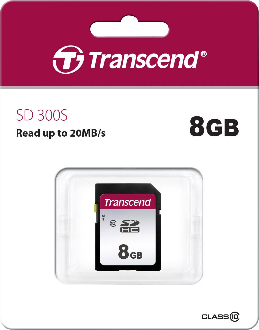 Confezione di una scheda SD Transcend, modello SD 300S, con 8 GB di spazio di archiviazione, classe di velocità 10, velocità di lettura fino a 20 MB/s.
