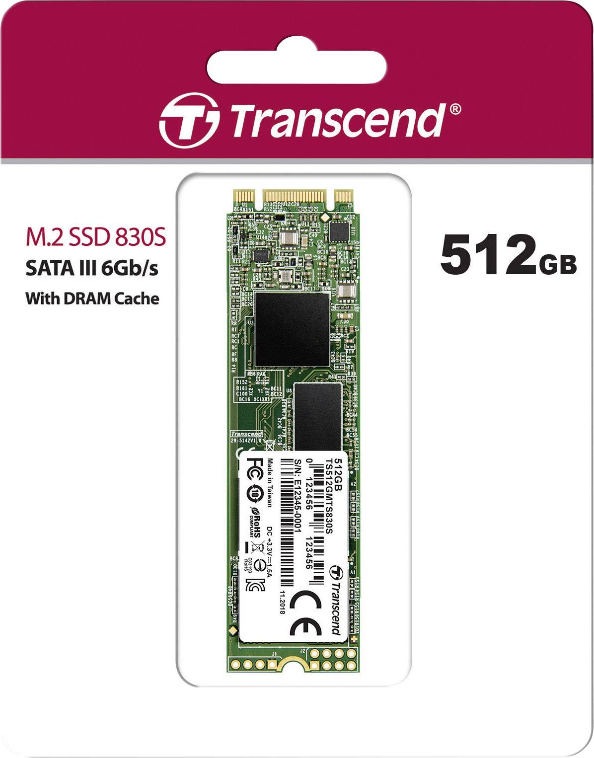 Confezione di un SSD Transcend M.2 830S da 512GB, SATA III 6Gb/s con cache DRAM, mostrato su sfondo bianco.