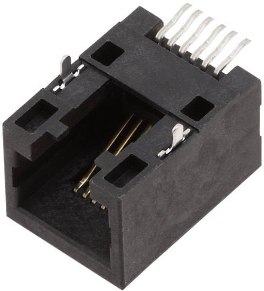 Un connettore RJ45 nero con otto piedini metallici è mostrato.
