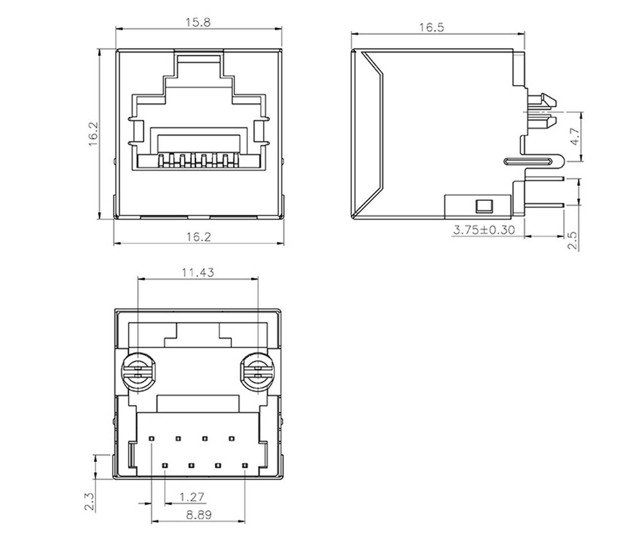 Disegno tecnico di un connettore femmina RJ45 con vista frontale, laterale e dall'alto, completo di quote in millimetri.