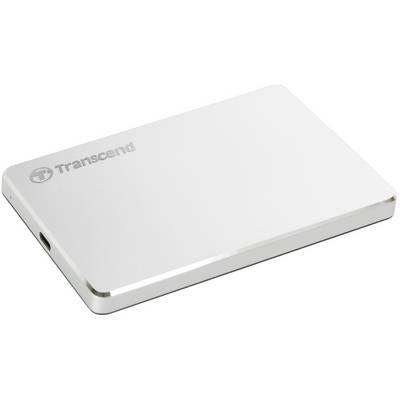 Hard disk esterno in custodia argentata, contrassegnato con 'Transcend', design piatto e rettangolare.