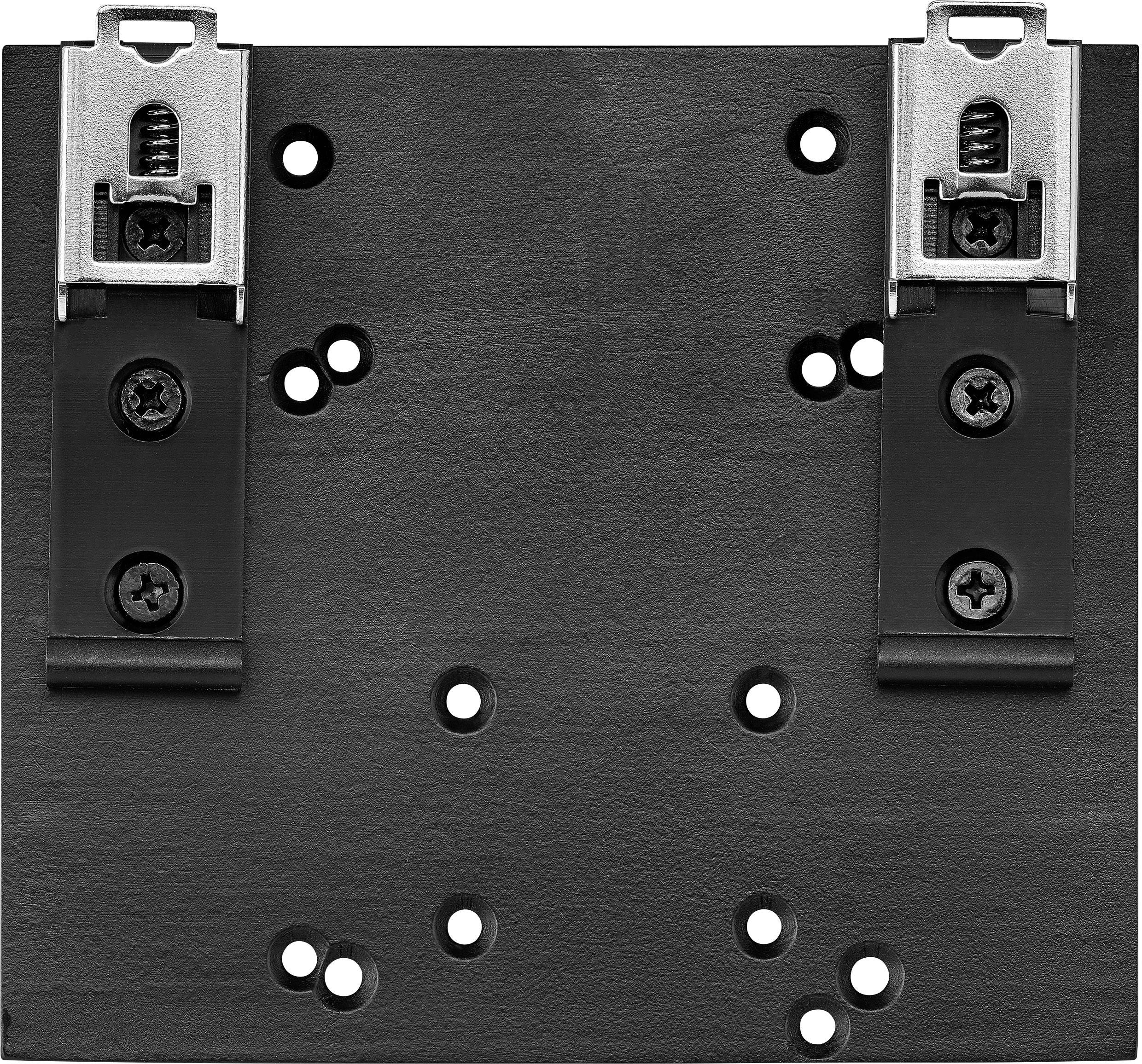 Piastra metallica nera rettangolare con più fori e due clip fissate. Utilizzata per il montaggio o il fissaggio su una superficie.