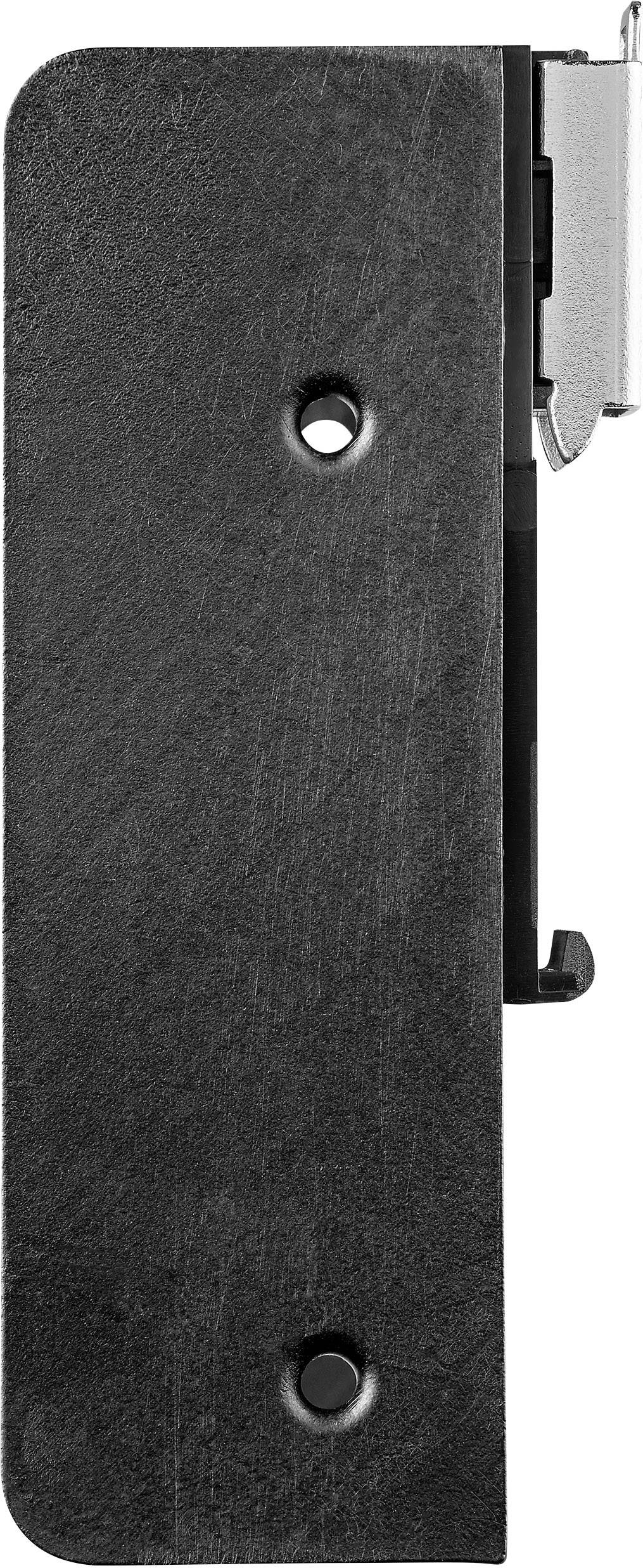 Una cerniera nera rettangolare con due fori visibili per viti, con un elemento metallico nell'angolo superiore destro.