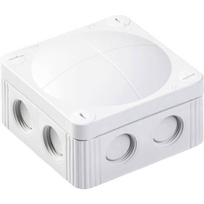Scatola di derivazione bianca, quadrata, con aperture circolari sui lati, utilizzata per il collegamento di linee elettriche.