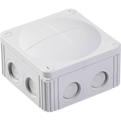 Una scatola di derivazione quadrata grigia in plastica con quattro aperture rotonde sui lati, idonea per installazioni elettriche.