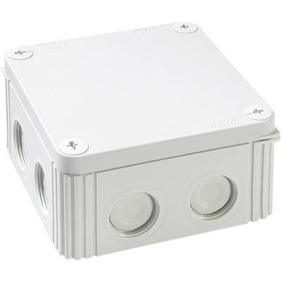 Scatola di derivazione quadrata bianca in plastica con coperchi rimovibili su tutti i lati, idonea per il collegamento dei cavi negli impianti elettrici.