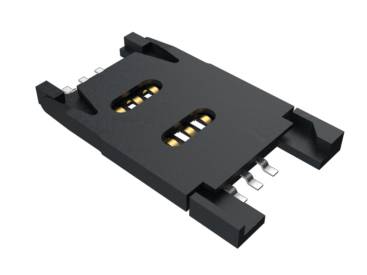 Supporto nero per scheda SIM per dispositivi elettronici, mostra i contatti e gli slot per il collegamento sicuro di una scheda SIM.