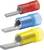 Tre capicorda isolati in rosso, blu e giallo, di dimensioni diverse, utilizzati per connessioni elettriche.