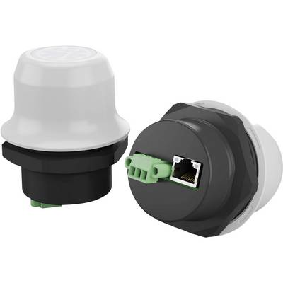 Due sensori di rete in bianco e nero con possibilità di connessione Ethernet e cablaggio, uno mostra il lato frontale, l'altro il lato posteriore.