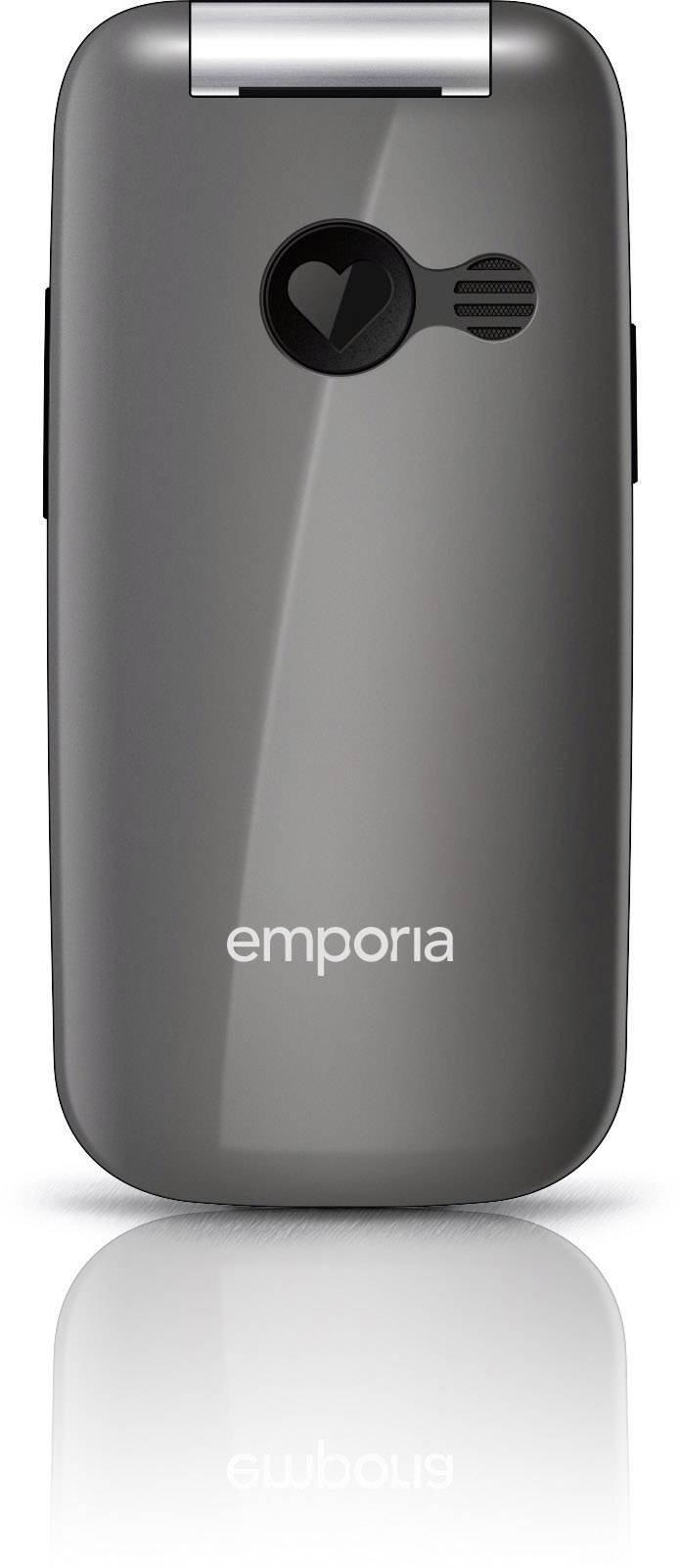 Cellulare a conchiglia grigio dal design essenziale, con un simbolo a cuore e il nome del marchio 'emporia' sul retro.