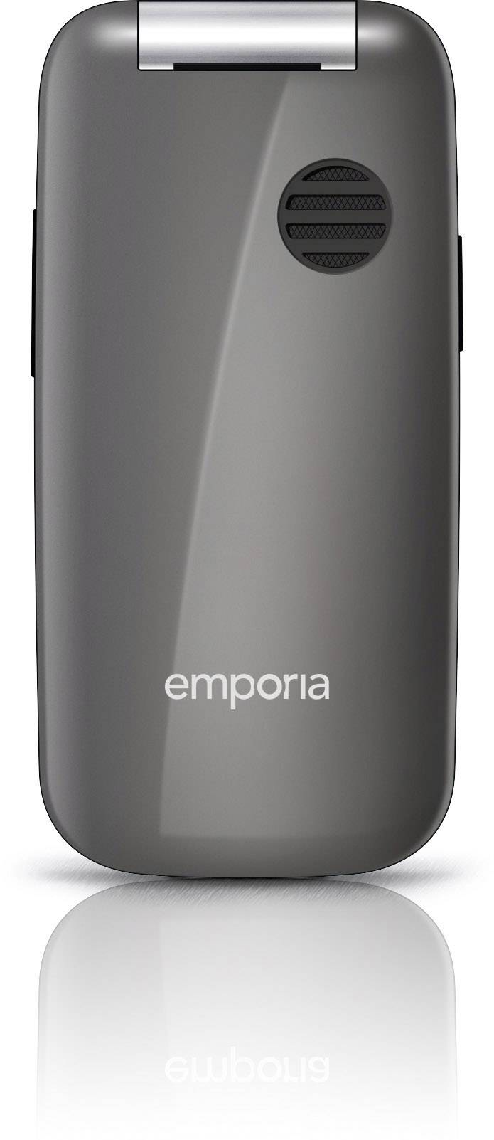 Cellulare grigio a conchiglia, con altoparlante e logo 'emporia' visibili sul retro.
