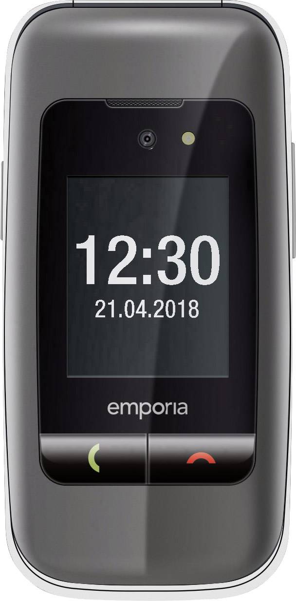 Cellulare a conchiglia con ampio display digitale, mostra l'ora '12:30', data '21.04.2018', marchio 'emporia'.