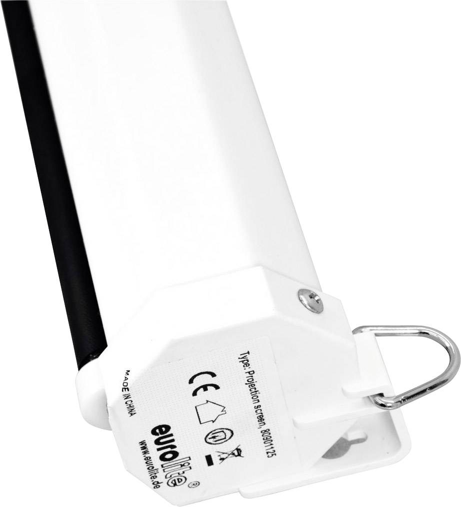 Schermo di proiezione elettrico con involucro bianco e occhiello per l'appensione. Nome del marchio e dettagli tecnici sul lato frontale.