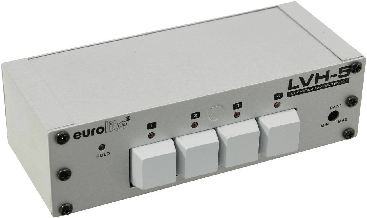 Un commutatore audio/video automatico argentato con quattro pulsanti bianchi, contrassegnato con 'eurolite' e 'LVH-5'.