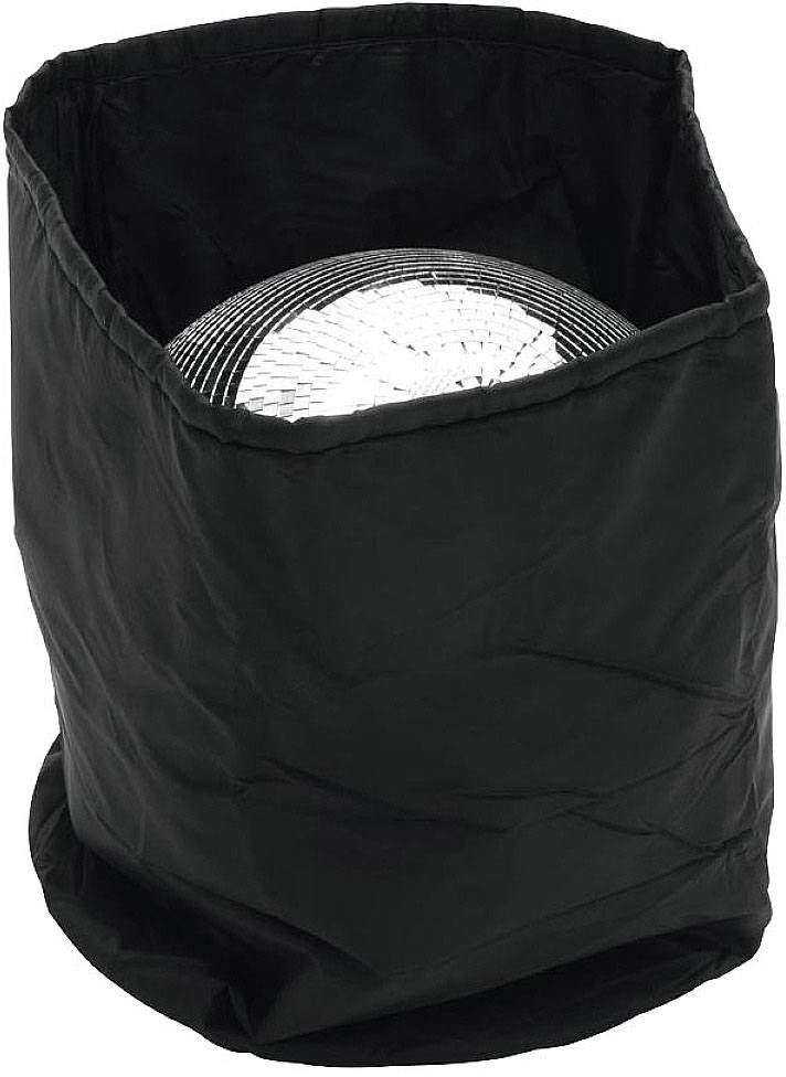 Una borsa nera contenente un oggetto riflettente e metallico, probabilmente un coperchio per accessori di illuminazione.