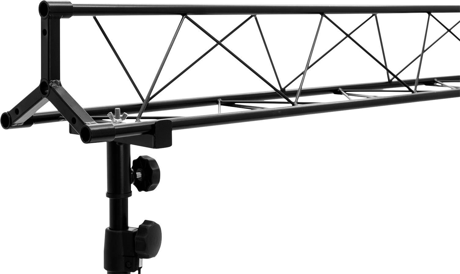 Supporto metallico verniciato nero con rinforzi triangolari, montato su un cavalletto con bottoni di fissaggio.