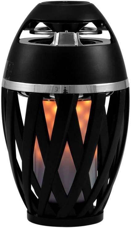 Una lampada portatile nera, moderna, con design intrecciato e una luce arancione che illumina dall'interno, dona un'atmosfera suggestiva.