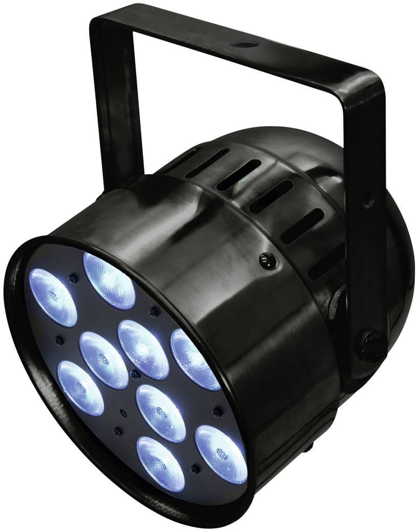 Un proiettore LED PAR nero con nove LED blu luminosi, adatto per effetti scenici e illuminazione.