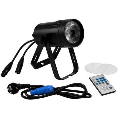 Proiettore LED nero con supporto, due cavi, telecomando e due lenti filtro bianche. Adatto per illuminazione scenica.