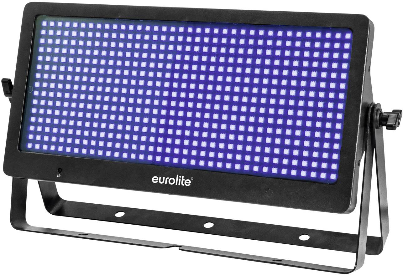 Un dispositivo di illuminazione nero con molte piccole luci LED blu, montato su un supporto regolabile, con il nome del marchio in basso.
