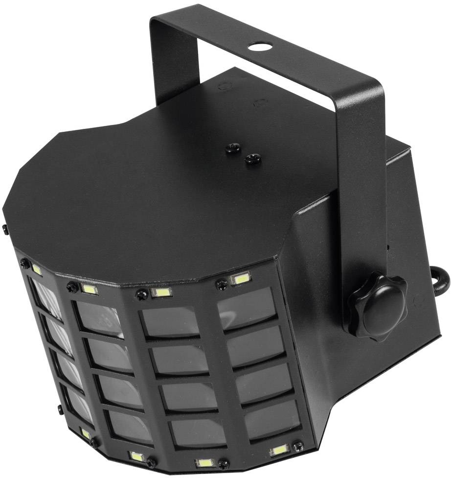 Un dispositivo di illuminazione LED nero con una griglia quadrata sul davanti e un manico superiore, comunemente utilizzato negli spettacoli dal vivo.