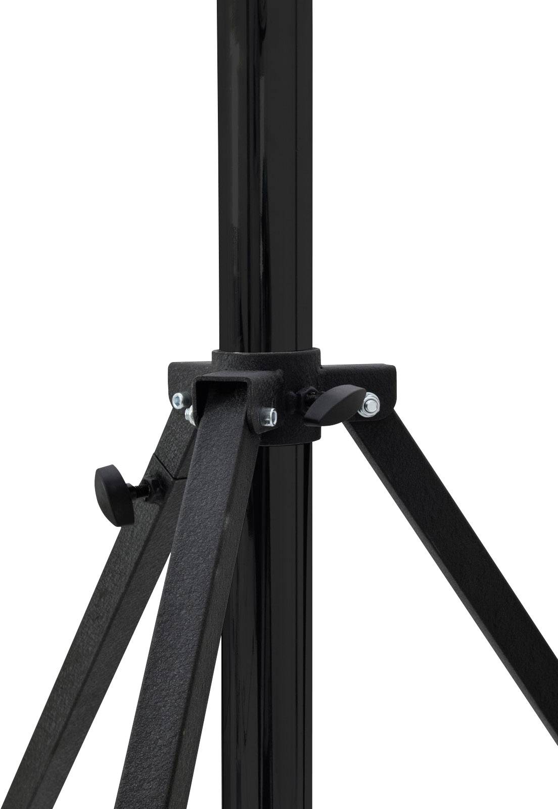 Un treppiede nero con base triangolare e gambe regolabili. Offre stabilità per dispositivi o oggetti montati.