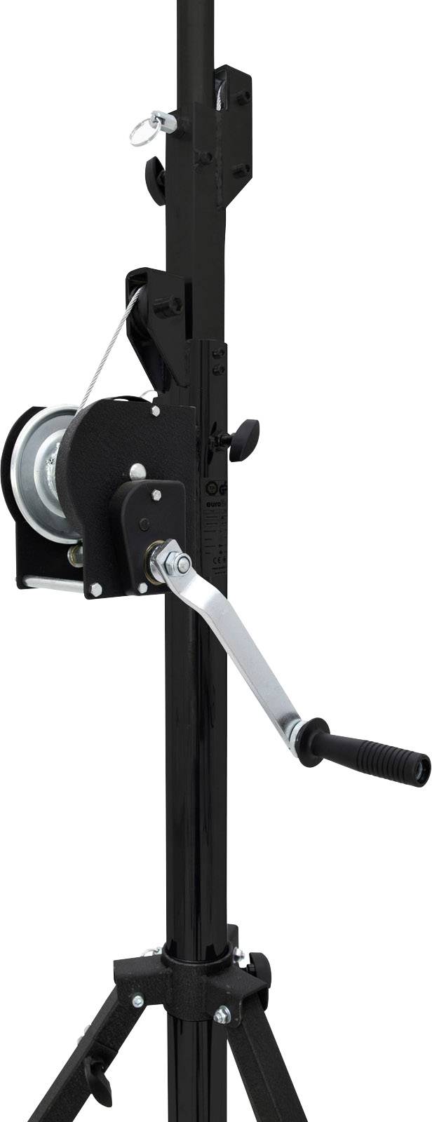 Un supporto nero con meccanismo a manovella per la regolazione dell'altezza, utilizzato per accessori fotografici o di illuminazione.