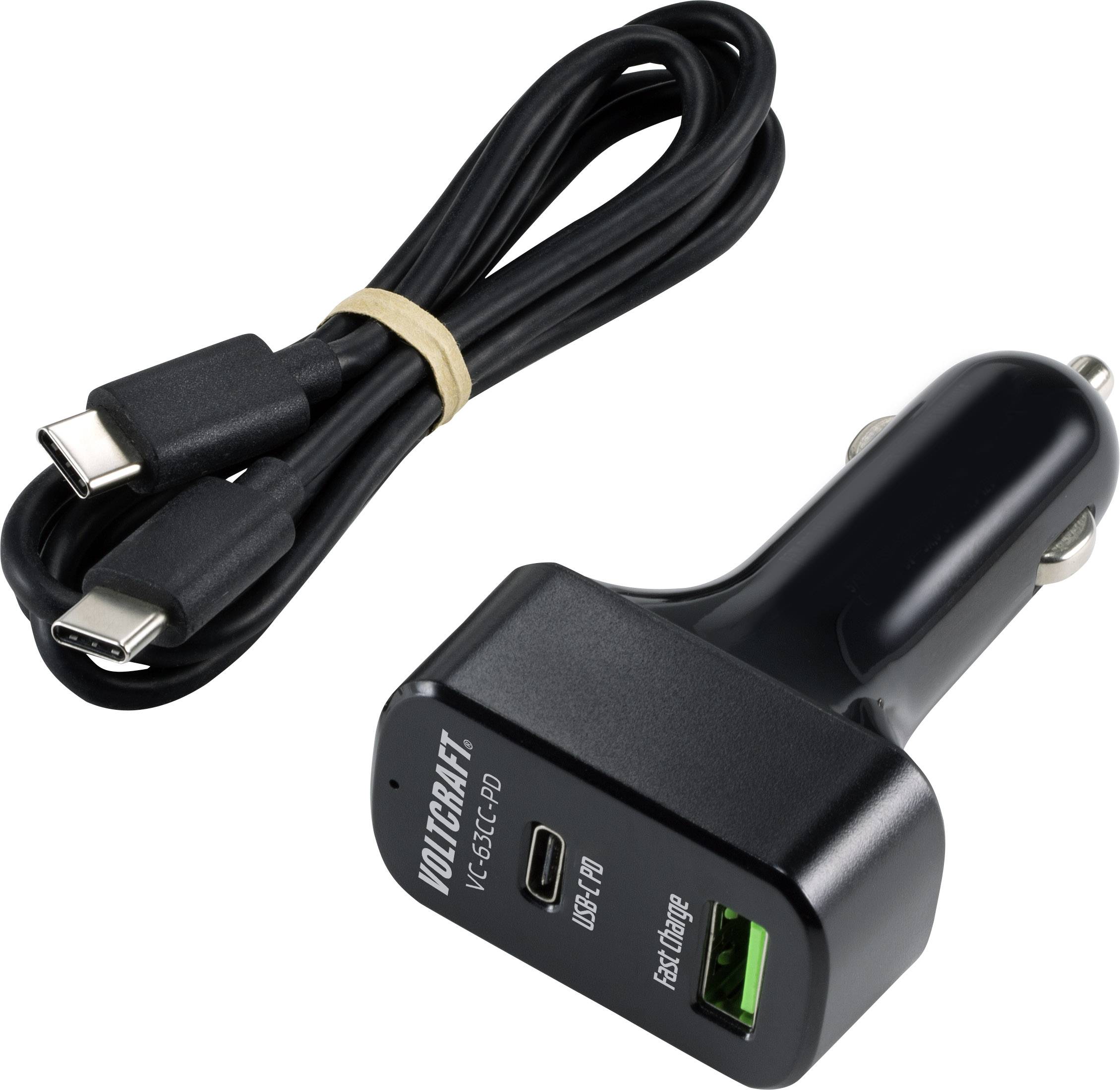 Caricabatterie per auto nero lucido con due porte (USB-C, USB-A) e un cavo USB-C accanto, per la ricarica di dispositivi mobili.