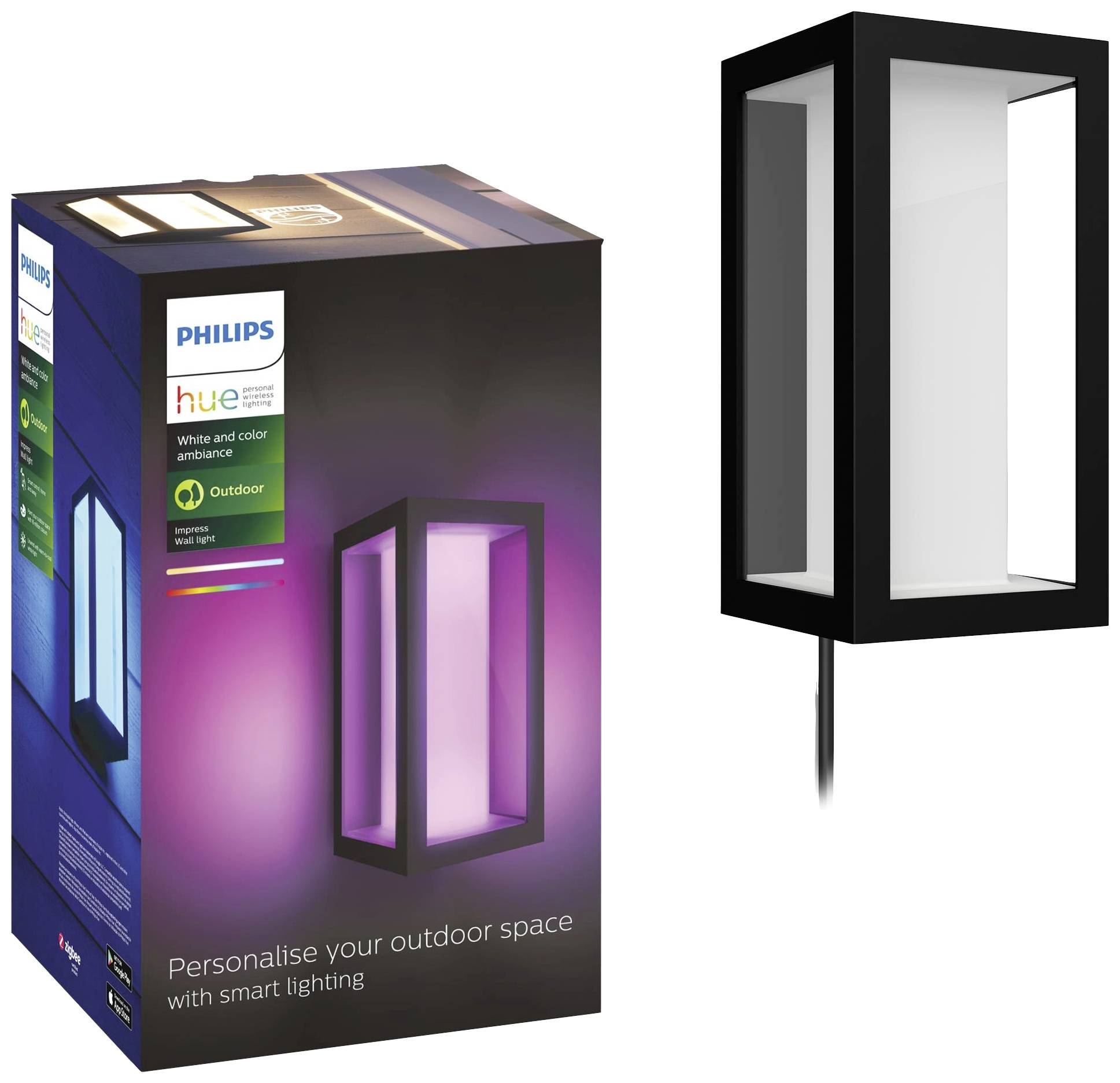 'Philips Hue Outdoor Light' mostra una confezione e una lampada moderna. Testo sulla scatola: 'Progettate il vostro spazio esterno con illuminazione intelligente'.