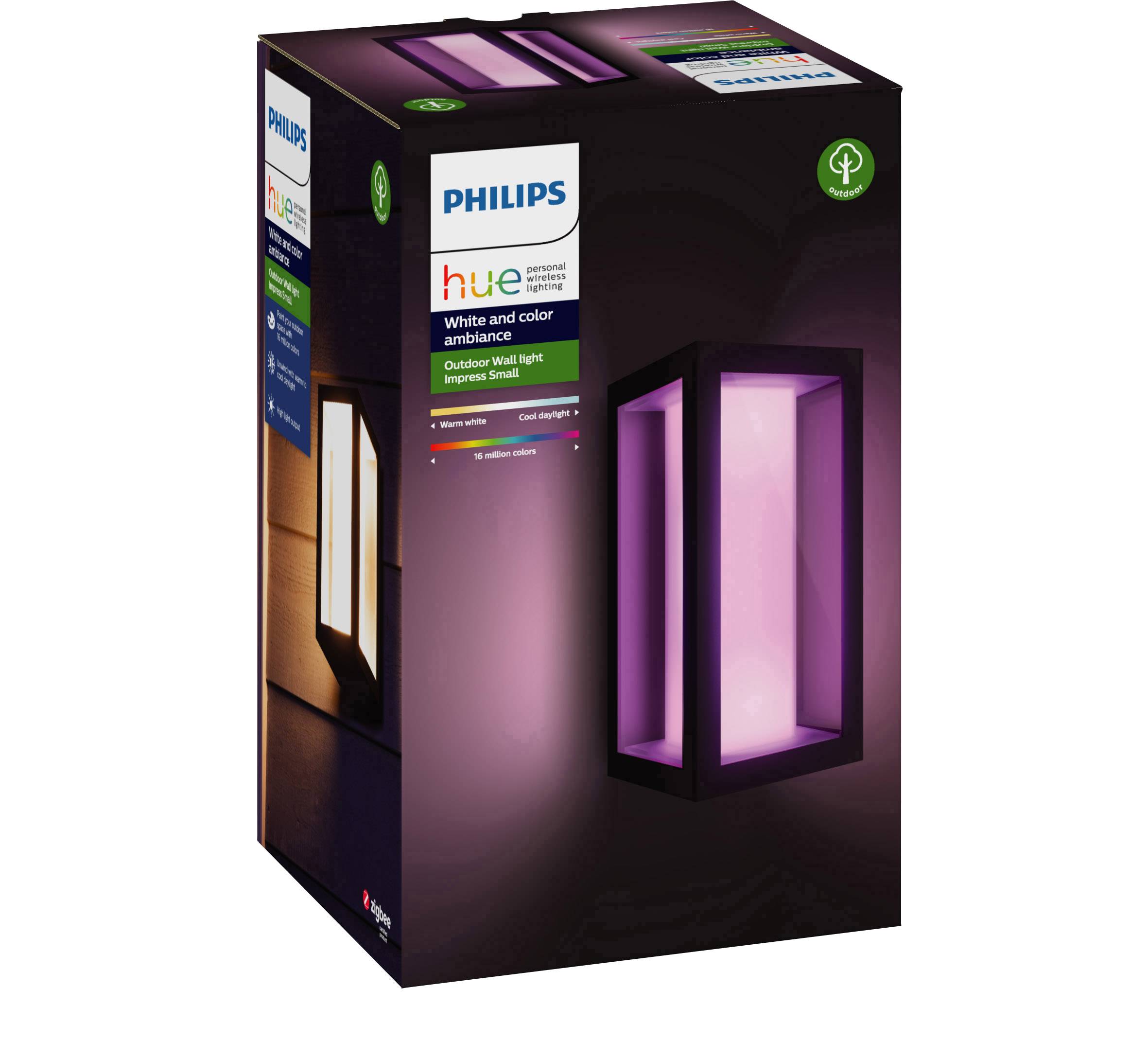 Confezione della lampada da parete esterna Philips Hue. Mostra una lampada quadrata con illuminazione LED a colori in una cornice scura.