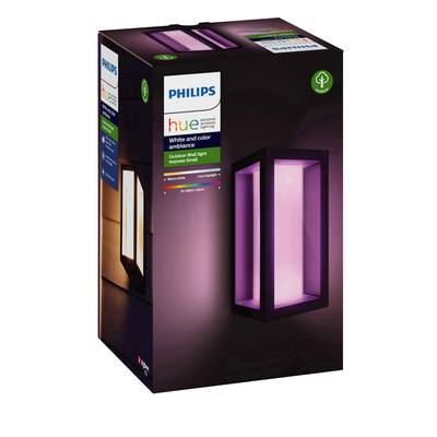 Confezione della lampada da parete esterna Philips Hue. Mostra una lampada quadrata con illuminazione LED a colori in una cornice scura.