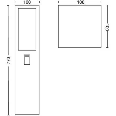 Disegno tecnico di un tubo rettangolare in vista laterale e dall'alto, alto 770 mm e largo 100 mm, con indicazione delle dimensioni.