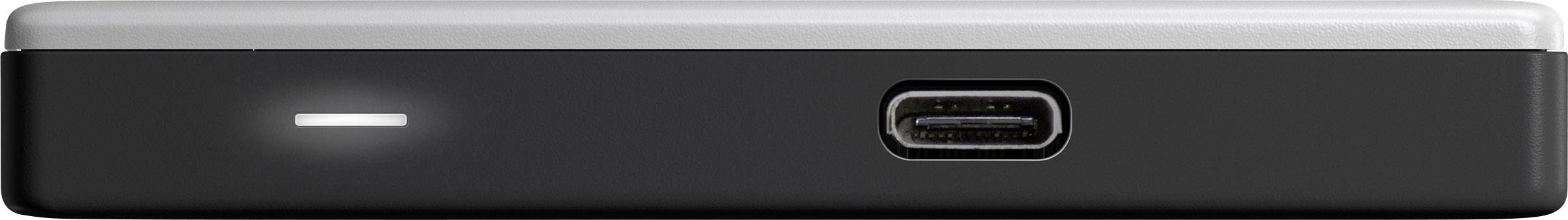 Hard disk esterno con connettore USB-C e spia LED su involucro nero, vista laterale.