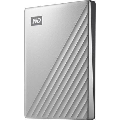Hard disk esterno in argento con design strutturato e logo nell'angolo in alto a sinistra.