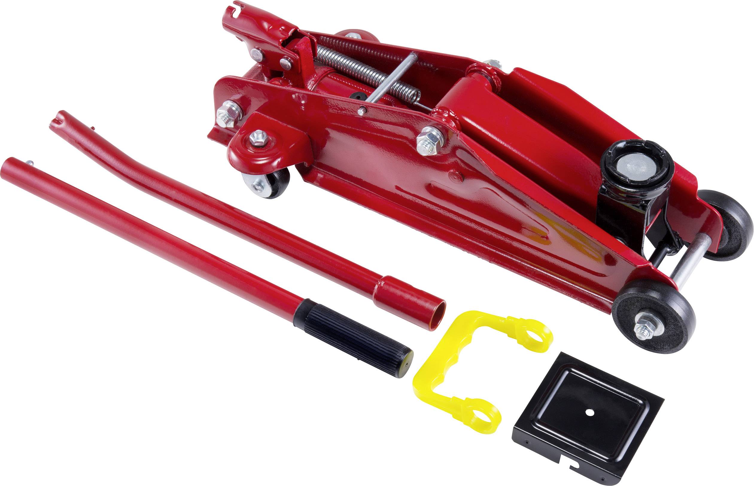 Cric idraulico rosso con leva e accessori, utilizzato per sollevare veicoli durante riparazioni o ispezioni.