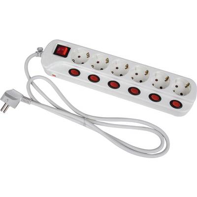 Multipresa bianca a sei prese con interruttore rosso di accensione/spegnimento, collegata a un cavo lungo.