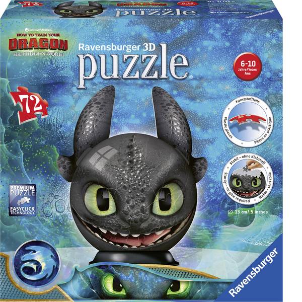 Puzzle - Ravensburger Dragons 3 Ohnezahn mit Ohren 3D Puzzle-Ball 11145 - Puzzle - Ravensburger Dragons 3 Ohnezahn mit Ohren 3D Puzzle-Ball 11145 -