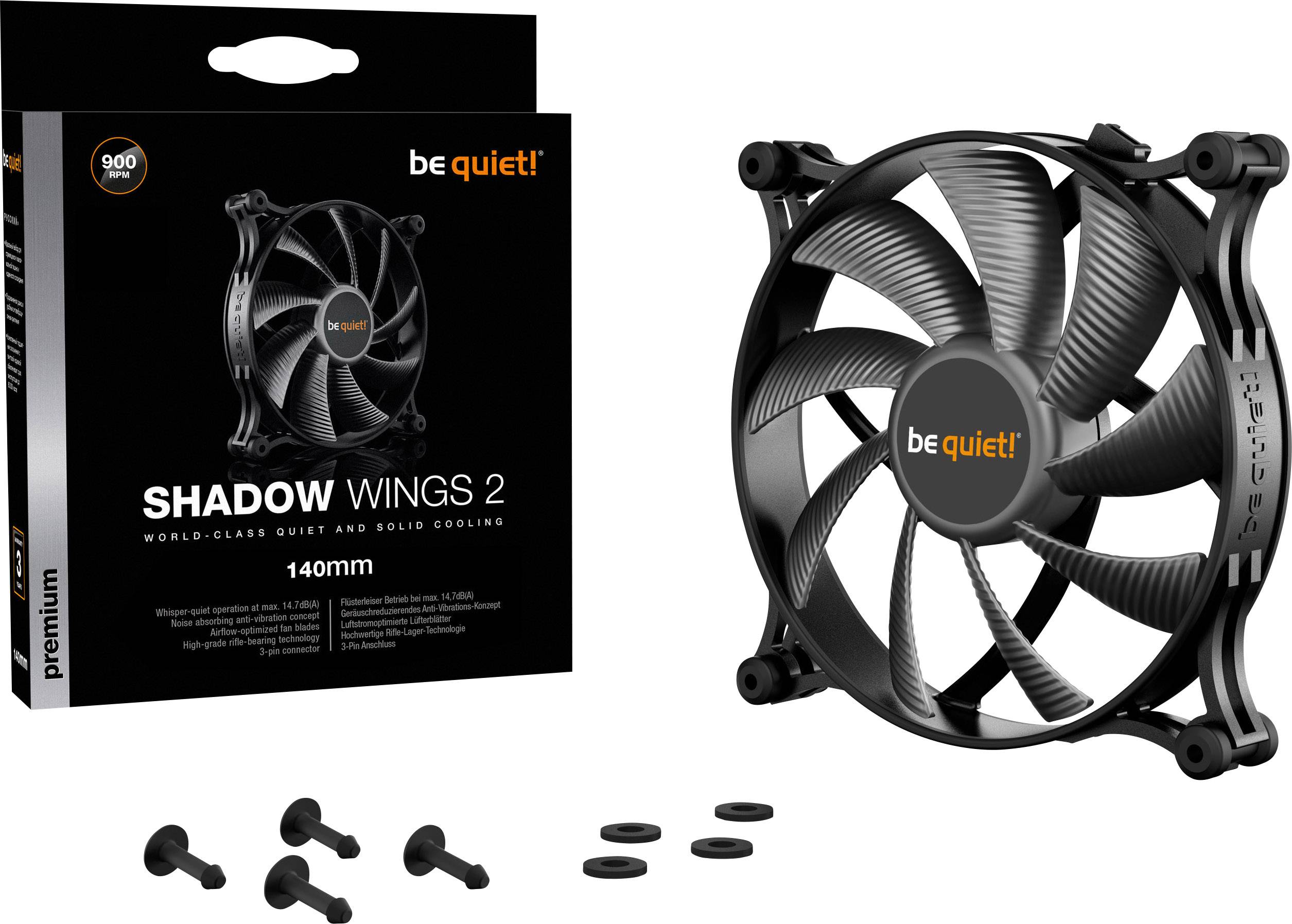 'Silenzio! Shadow Wings 2' Ventola, illustrata con confezione. Diametro di 140 mm, ventilatore di raffreddamento silenzioso e potente, completo di viti di montaggio.