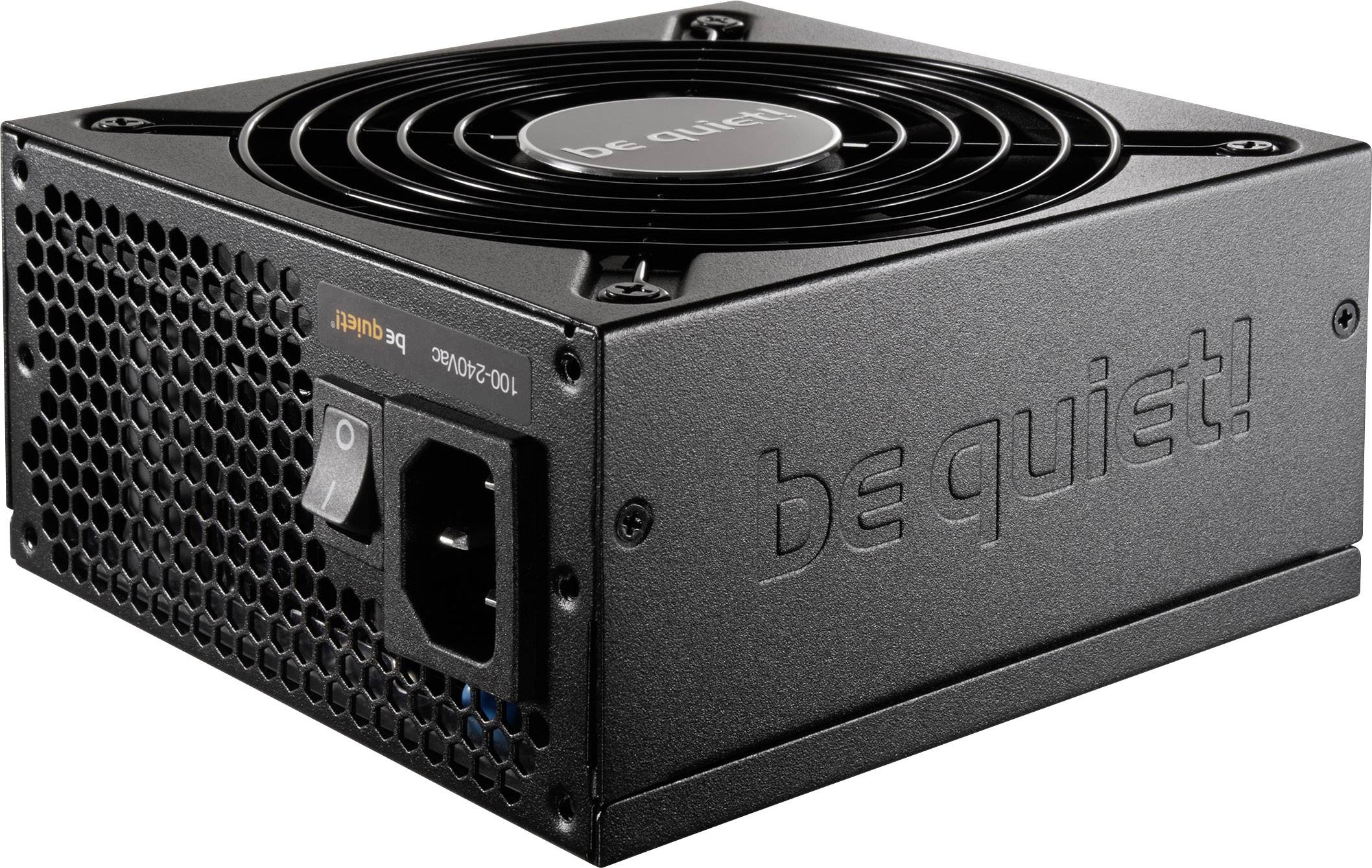 Alimentatore nero per computer di be quiet! con ventola sulla parte superiore e connettore di alimentazione frontale.