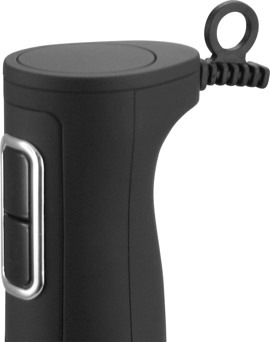 Un manico nero, sagomato ergonomicamente, con un passante in metallo e due bottoni sul lato, probabilmente un elettrodomestico da cucina.
