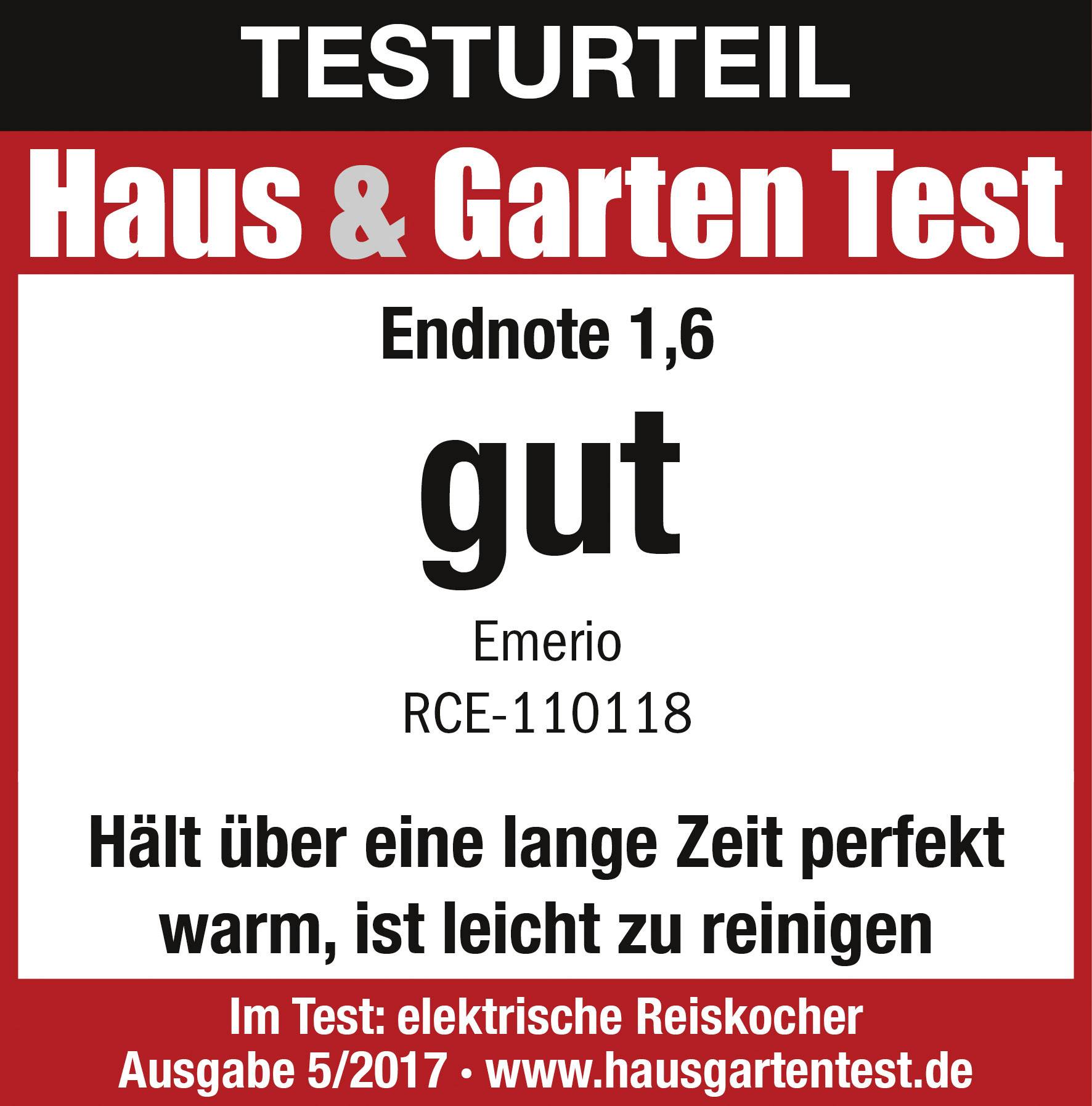 'Giudizio di Haus & Garten Test: Voto finale 1,6, buono. Emerio RCE-110118. Mantiene a lungo il calore, facile da pulire. Edizione 5/2017.'