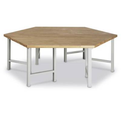 Tavolo in legno esagonale con struttura in metallo bianco, dal design moderno e minimal.