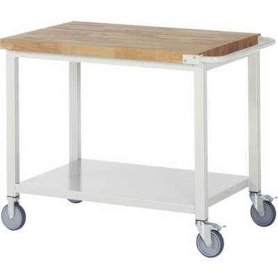Un carrello con quattro ruote e un piano in legno. Struttura in metallo robusta, con ripiano inferiore. Ideale per scopi di trasporto.